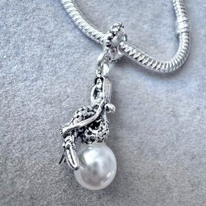 Mermaid‎ Dangle Charm White Pearl Silver Tone fits PANDORA